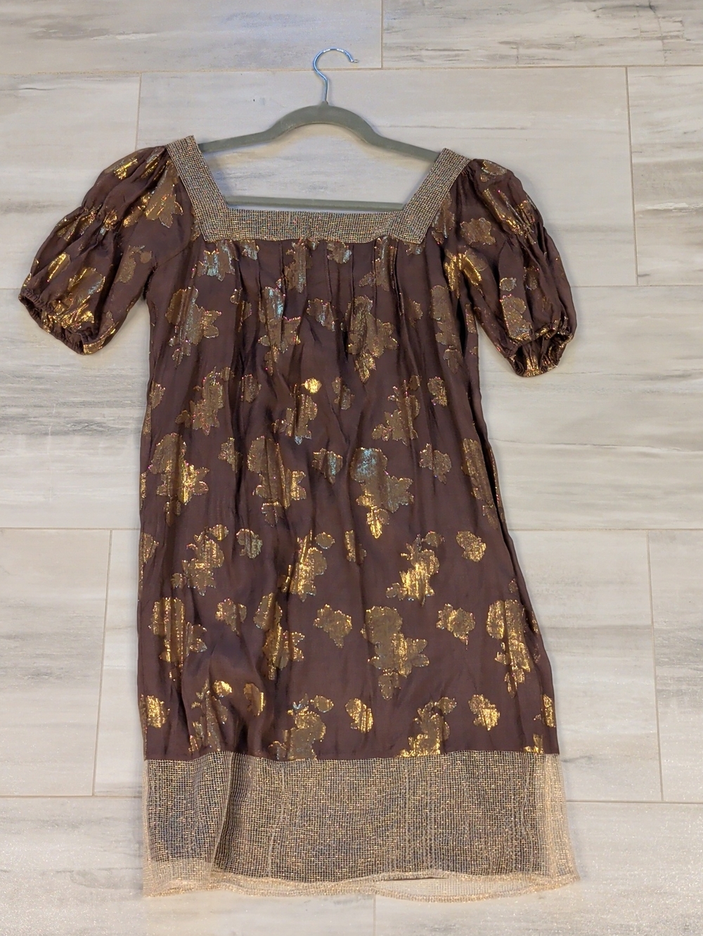 Laundry by Design Brown Dress with Gold Foil Floral Accents 100% Silk